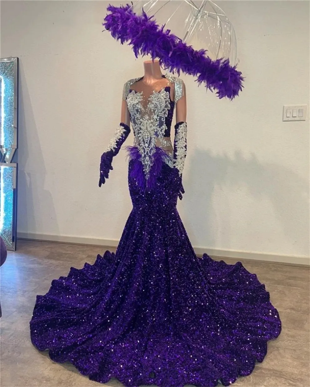 Robe de bal longue sirène à paillettes violettes, énigmatique, avec pompons en cristal, robe de noël noire pour filles, robe de soirée de mariée, 2024, 322