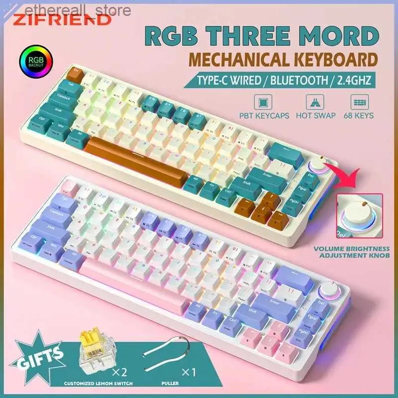 キーボードZifriend 68キーワイアレスメカニカルキーボードPBT RGB有線Bluetooth 2.4GHzホットスワップ可能65％60％ゲームキーボードZA68 Pro Q231121