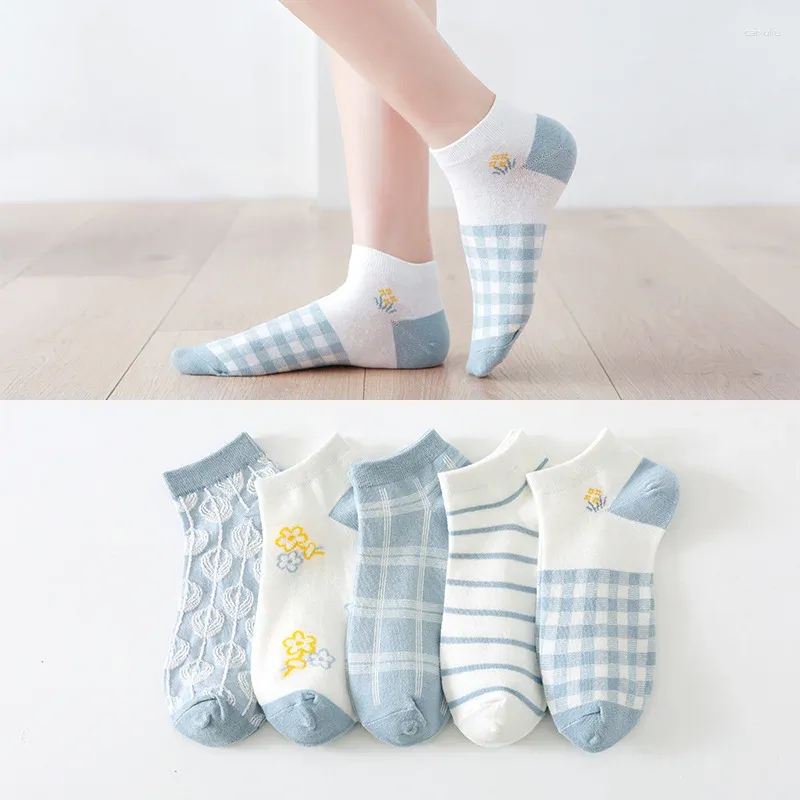 Femmes chaussettes coton court décontracté mince respirant coupe basse cheville fleur imprimé filles japonais Kawaii mignon bleu Sox