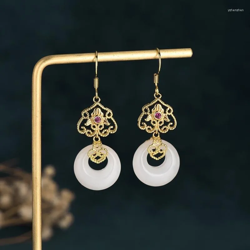 Stud Earrings Exquisite Fashion Gold Color Round Imitation Jade Drop For Women Classic Flower Chinese Style