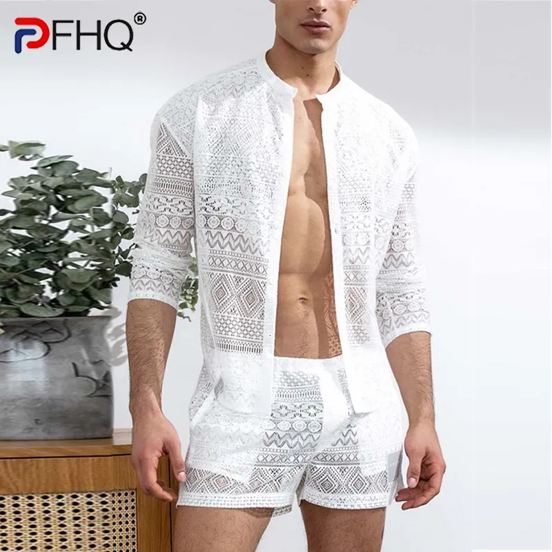 Männer Trainingsanzüge PFHQ 2023 Sommer Aushöhlen Sexy Spitze Shorts Hemd Sets Mode Anzug Kleidung Trendy Elegant Beach 230421