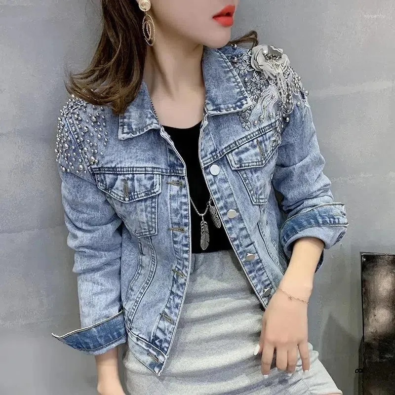 Giubbotti da donna Giacca di jeans 2023 Primavera Autunno Cappotto corto Ricamo Jean Donna Casual Top Rivetto Capispalla allentato