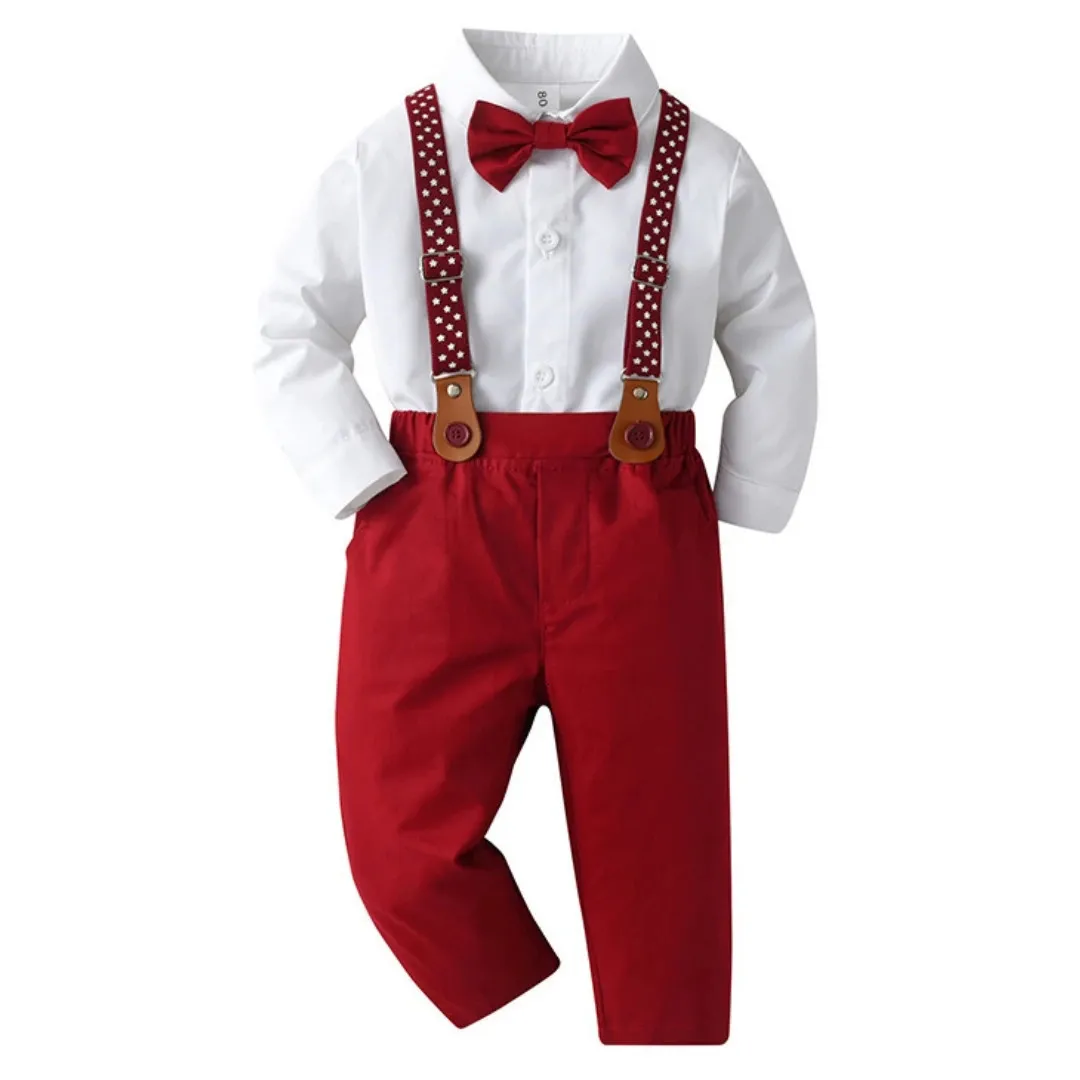 Set di abbigliamento Solido 4 pezzi Costume natalizio per ragazzo Camicia bianca classica con reggicalze stampato a stella Bambini Kid Autunno Compleanno Outfit 231120