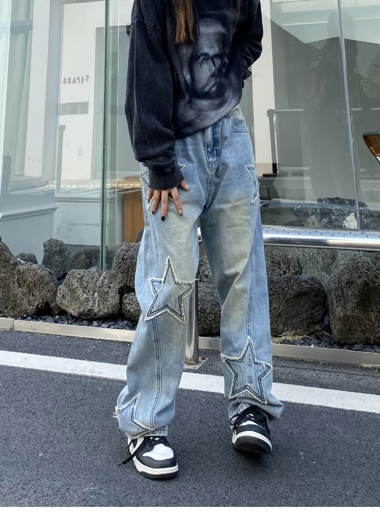Women s Straight Jeans American Retro Blue Denim Trousers High