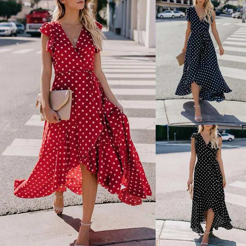 Freizeitkleider Luxus-Damenkleid Sommermode V-Ausschnitt Polka Dot Taille Rüschensaum Elegante Party Abend Prom Robe Femmes