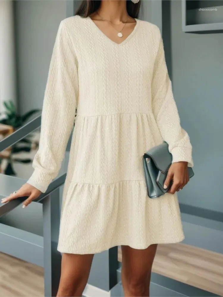 Casual Dresses Autumn Winter V Neck Long Sleeve Mini Dress Women's Fashion Solid Patchwork Loose A-line Elegant Ladies Clothing