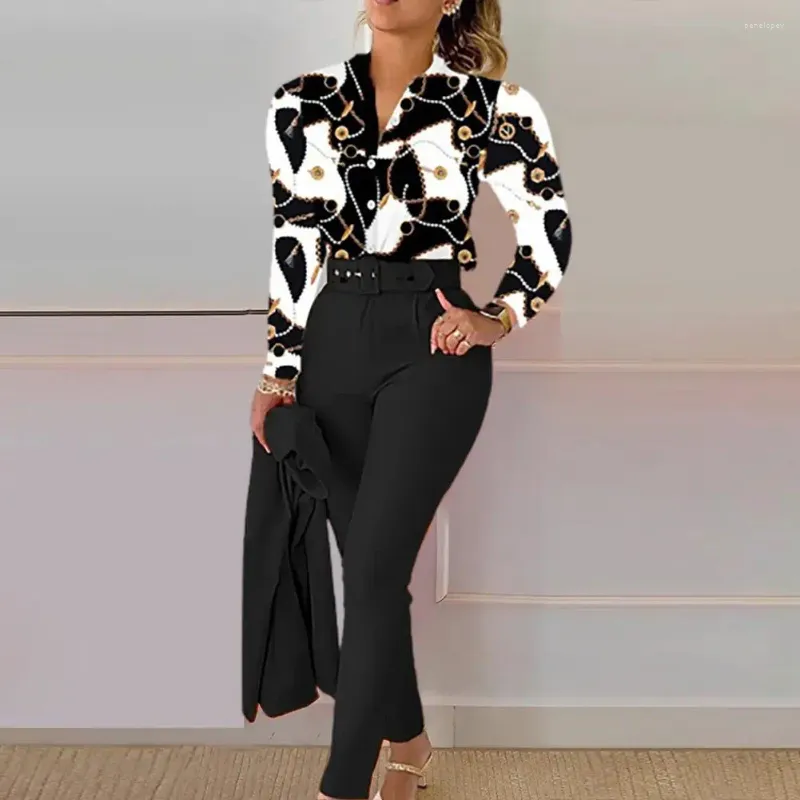 Pantaloni da Donna in Due Pezzi Top Monopetto Set Ol Commute Outfit Elegante Camicia in 2 Pezzi con Colletto alla coreana Cardigan a Vita Alta per Le Donne