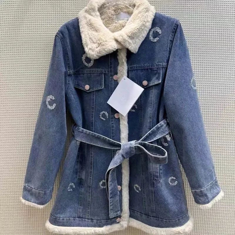 giacca da donna nuove giacche di jeans imbottite con risvolto fodera invernale in peluche resistente lettere di diamanti caldi nel cappotto lungo da donna