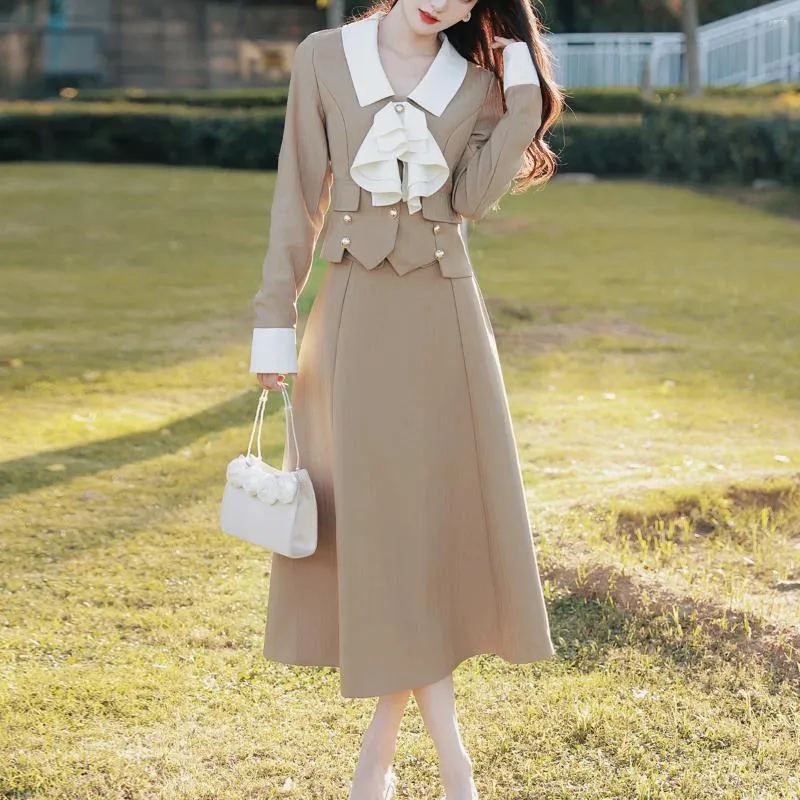 Vestido de duas peças francês pequena fragrância primavera outono saia terno feminino elegante coreano turn-down colarinho curto blazer longo conjunto de 2 peças