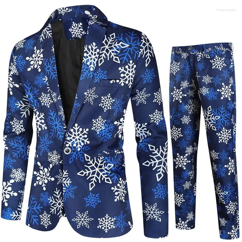 Herrenanzüge 2023 Bedruckter zweiteiliger Weihnachtsanzug (Jacke Hose) Stilvolles Herren-Blazer-Set/Mantel mit Hose Schwarz Grün Blau 4XL