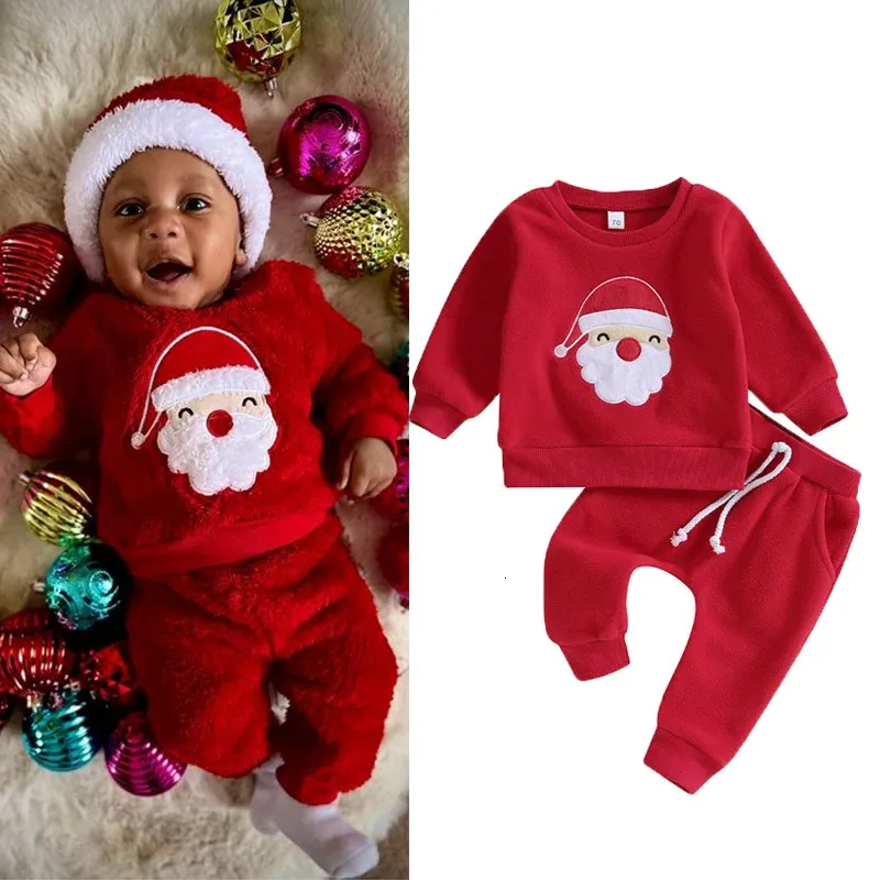 Kledingsets FOCUSNORM 0-3Y Peuterbaby Jongens Kerstkledingsets 2 stuks Kerstmanborduurwerk Sweatshirts met lange mouwen Effen kleur Broek 231120