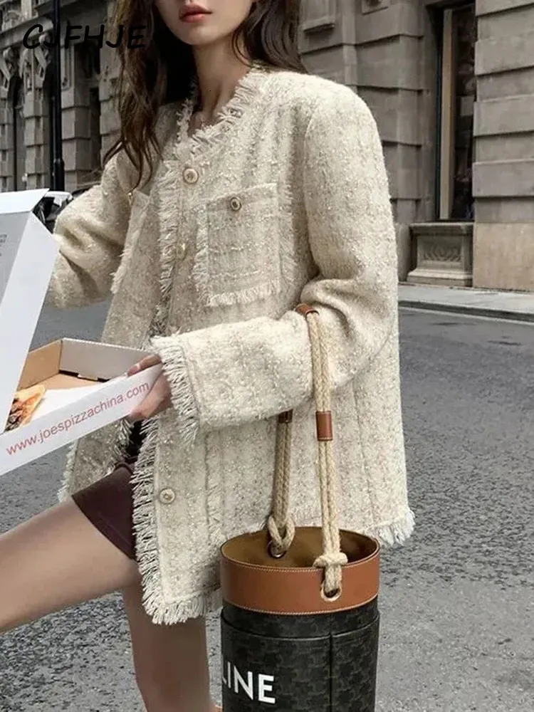 Womens Tweed Jacket Beige Round Neck Tassel Outerwear Spring