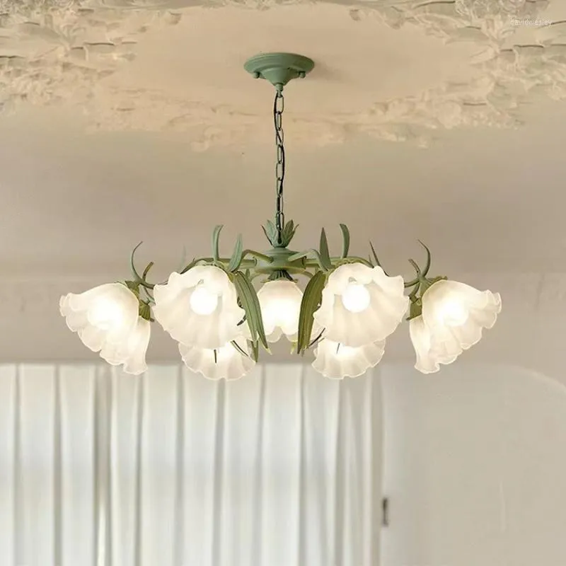 Kolye lambaları Fransızca vintage rustik oturma odası Led Chandeliers Bell Orchid Çiçek Asma Lamba Yemek Yatak Odası Sceyated Ev Dekor