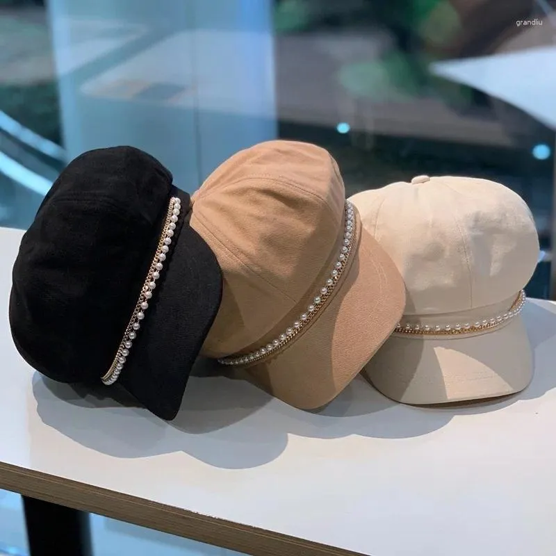 Bérets tendance mode femmes chaîne de perles solide printemps et automne chapeaux octogonaux béret britannique décoration de vêtements de rue