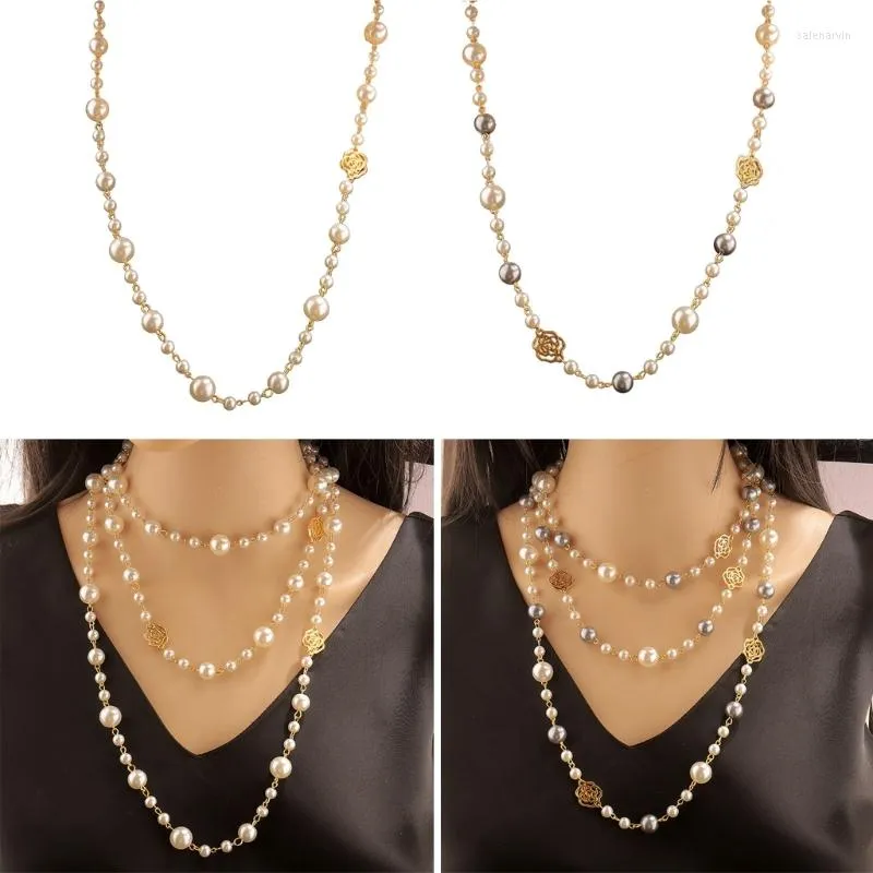 Chaînes À La Main Camélia Perle Collier Vintage Couches Longue Chaîne De Mode Esthétique Cadeau D'anniversaire Pour Les Femmes Filles