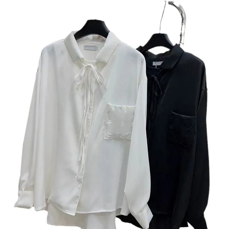 Rhinestone letters long sleeved Shirt high waist age-reducing dress Polo collar cardigan Blouses Shirts Women Button Down White black High Street Long Sleeve Laceup