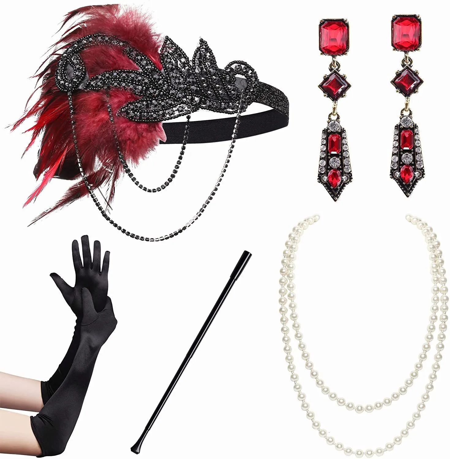 1920s Flapper Accessories Gatsby Costume Accessories Set, Headband Bracelet  Pearl Necklace Gloves Plastic Holder Earrings