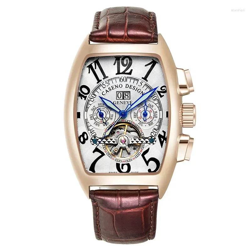 Zegarek na rękę Caseno Watch Watch Tourbillon A577 Pas Mechanical z świecącym w ciemnym szklanym lustrze szklanym