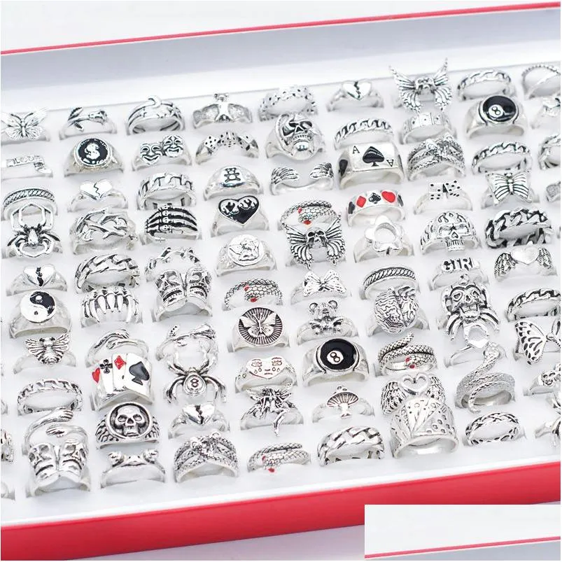 Cluster Rings BK Lots 50pcs Punk Vintage Metal Size 1620 Women Men Men Fashion Hip Hop Rock Butterfly Bear Sipder Cool Friend Pa Dhgarden Dhtsg