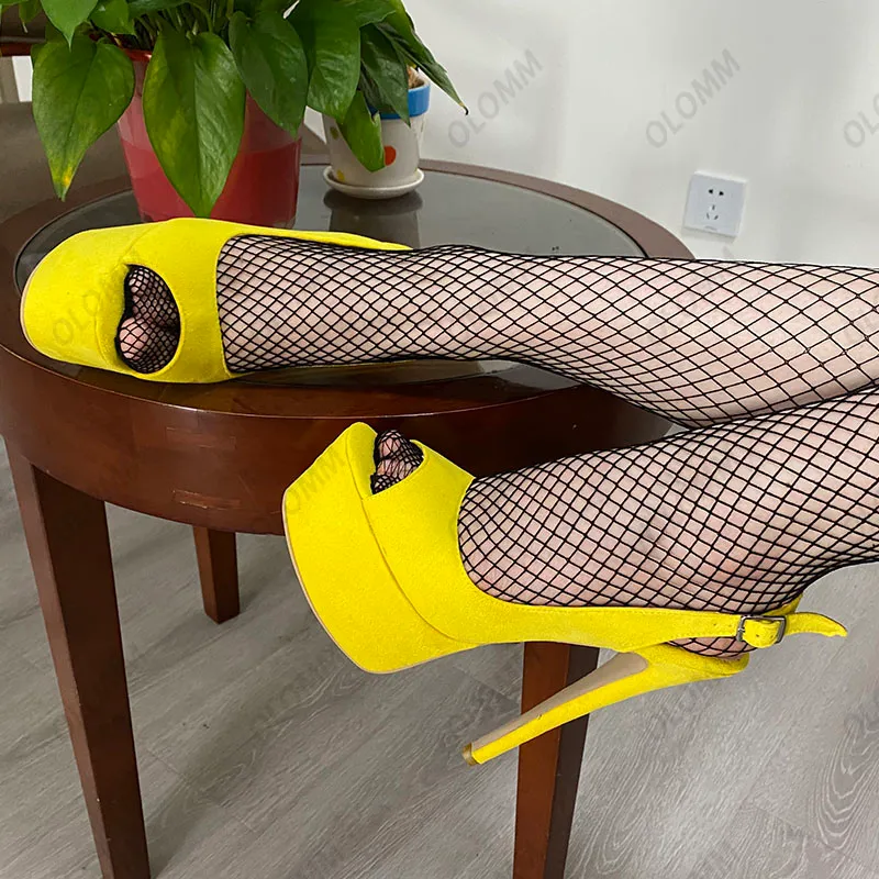 Olomm sandali con plateau da donna fatti a mano in pelle scamosciata sexy tacchi a spillo peep toe giallo fucsia rosa scarpe da festa rosse US Plus Size 5-20