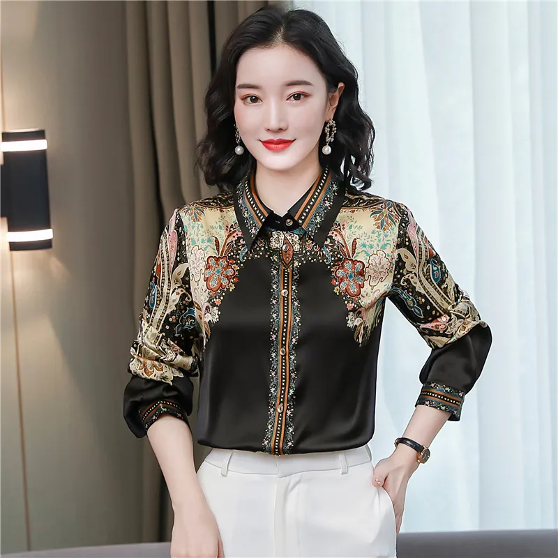 Luxury Designer Office Ladies Vintage Shirts 2023 Kvinnor Fashion Long Sleeve Casual Runway Silk Blus Spring Autumn Baroque Print Lapel Button Up Shirt Satin Tops