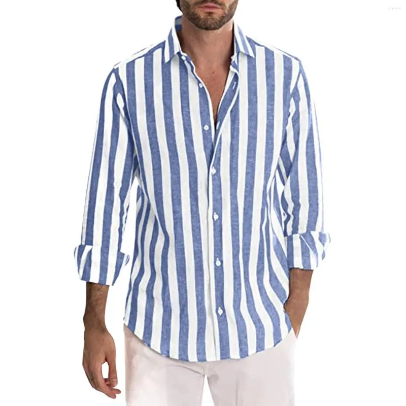 Camicie casual da uomo Uomo Stampa a righe Lino Fibbia Risvolto Colletto rovesciato Magliette a maniche lunghe Camicia da lavoro Abbigliamento maschile Camisa