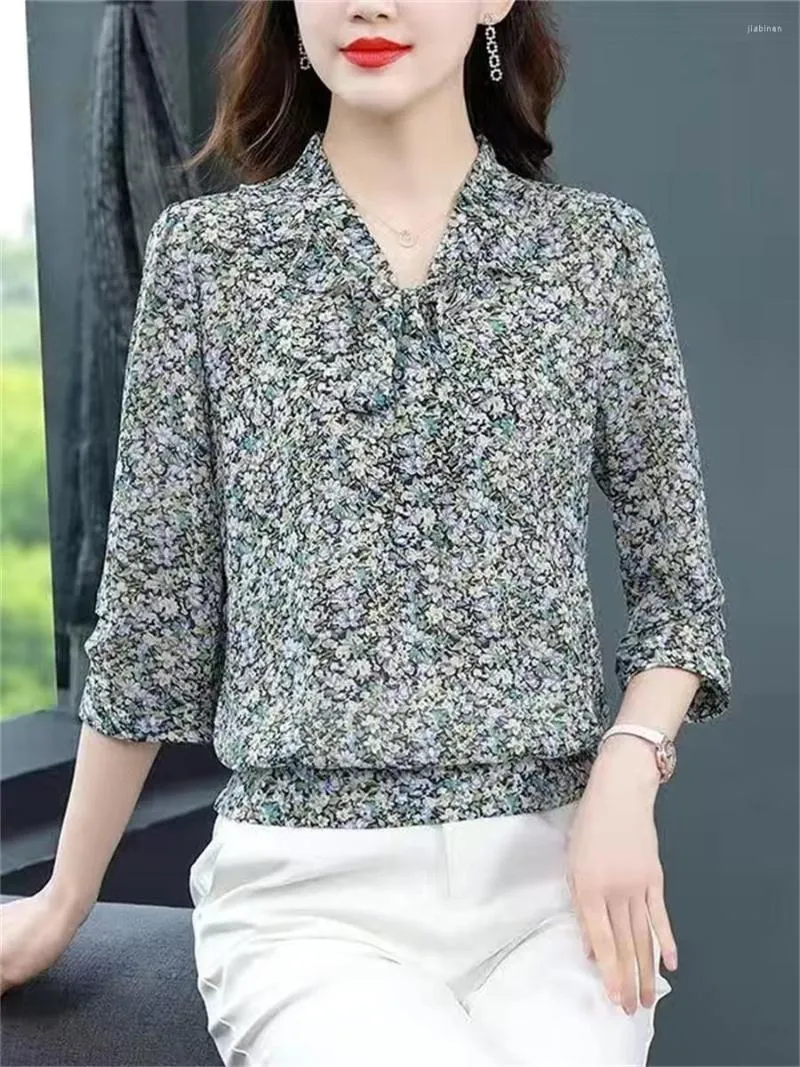 Blouses femininas Mulheres primavera no verão estilo chiffon tops lady casual halva manga gravata arco colar de leopardo bluus df4396