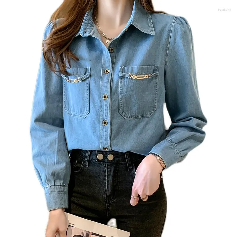 Women's Blouses Women Puff Full Sleeves Turn Down Collar Vrouw Koreaanse blouse kettingzak met één borsten losse denim shirt casual tops