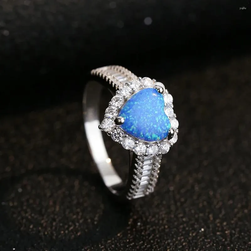 Cluster Rings S925 Silver Blue Opal Women Vintage Heart Ring Female Platinum Plated Zircon Luxury Jewelry Girl Gift Lady Party