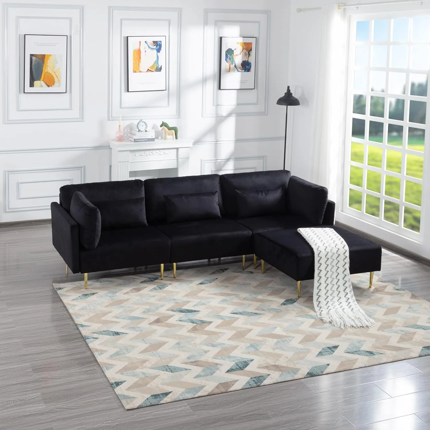 Modern L Shaped Convertible Sectional Sofa With Velvet Fabric And