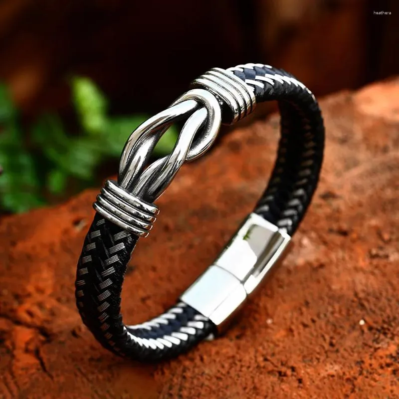 Link pulseiras simples preto 316l aço inoxidável torcido pulseira de couro pulseiras para homens feminino personalizado retro festa jóias presente