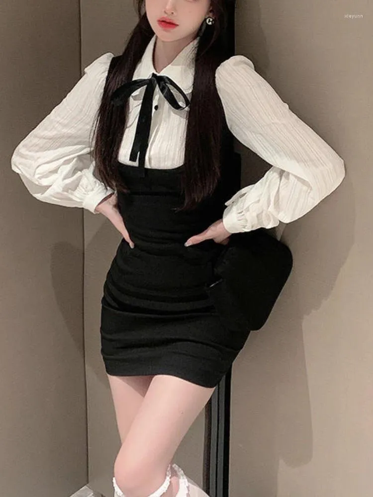 Vestidos casuais 2023 outono y2k mini vestido mulheres manga longa arco vintage escritório senhora uma peça moda coreana