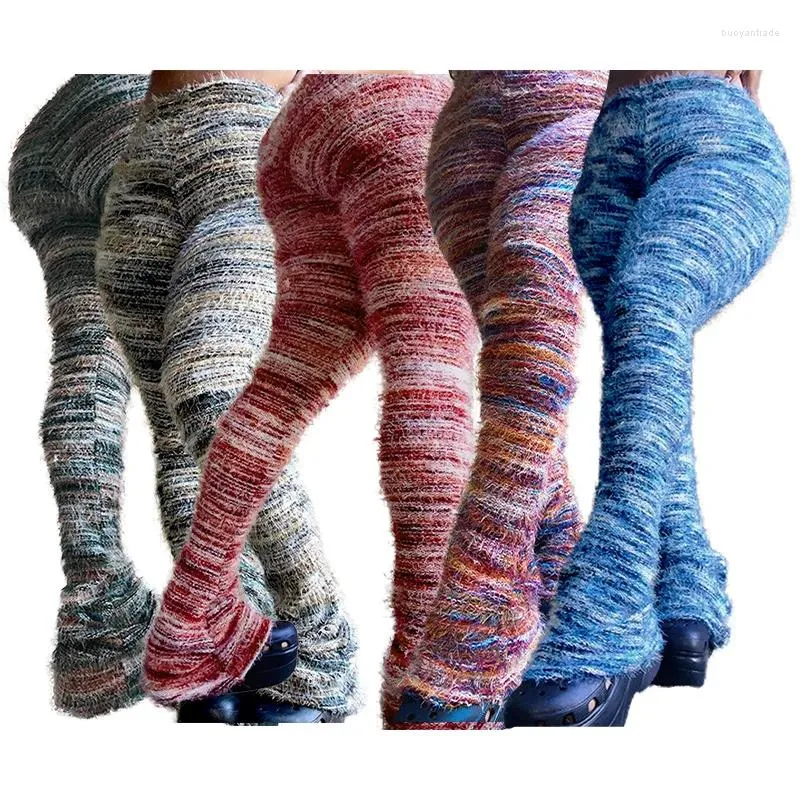 Pantaloni da donna Inverno Donna Peluche a righe colorate Personalizzato Peloso impilato Moda Pantaloni a maglia caldi con fondo a campana a vita alta