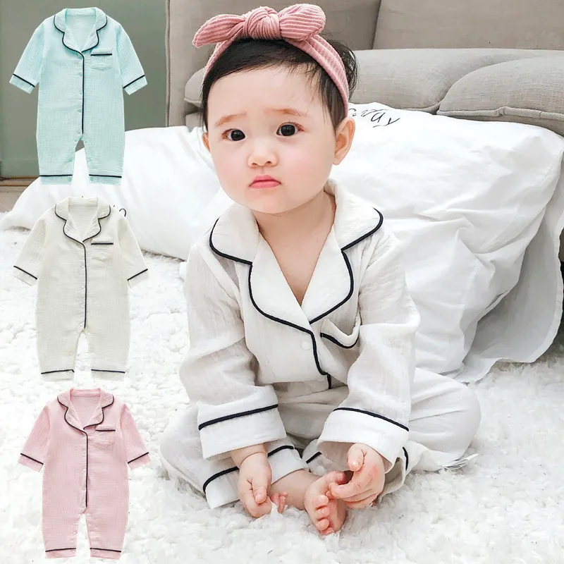 Rompers Baby Rompers Boys Girls Sleep Play Pyjamas 100% Organic Cotton Long Sleeve Onepiece Jumpsuit Button Down Born SleepSuit PJS 230421