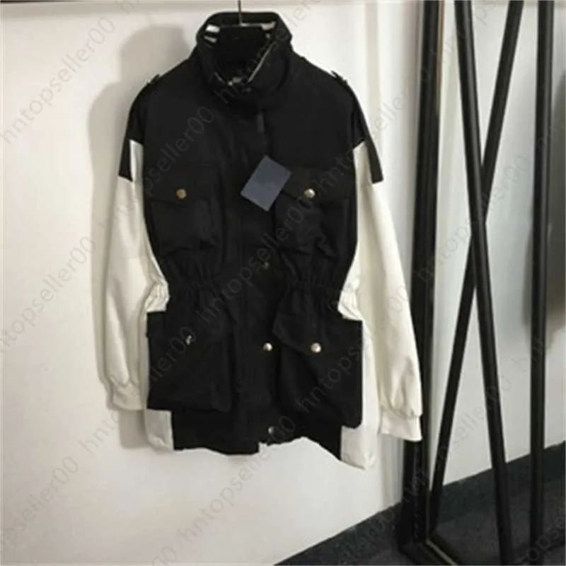 Fashion Trench Coat Jackets Womens Designer Coat Black And White Colorblocking Long-sleeved Elastic Waist Stand-up Collar Windbreaker Coats