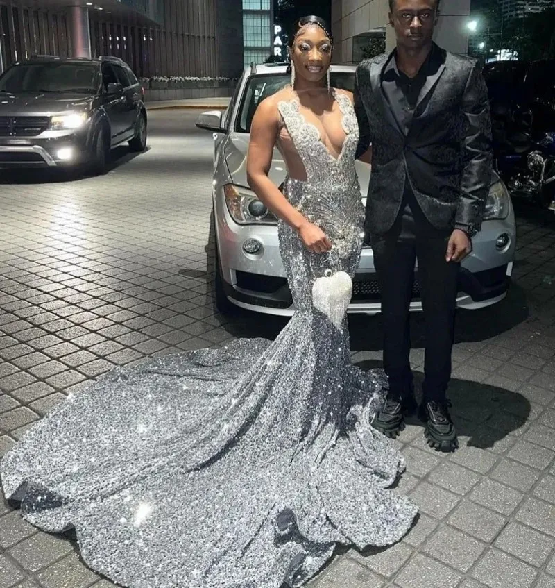 2024 Women's Sparkling Silver Sequin Mermaid Silver sparkly prom dress with V-neck, Crystal Beading, and Long Hemline - Perfect for African Black