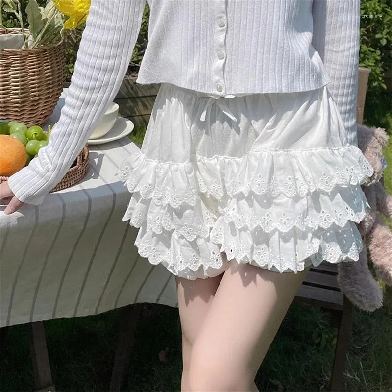 Women's Shorts Musuos Lace Floral Women Bloomers Summer Elastic Waist Layered Tierred Sweet Fairy Streetwear Bottoms White Pink