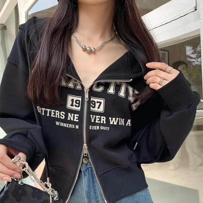 Kadın Hoodies Harajuku Vintage Mektup Baskılı Hoodie Y2K Kore Sweatshirts Kadın Bahar Uzun Kollu Ceket Hip Hop Zip Yukarı HARDIGAN TOP