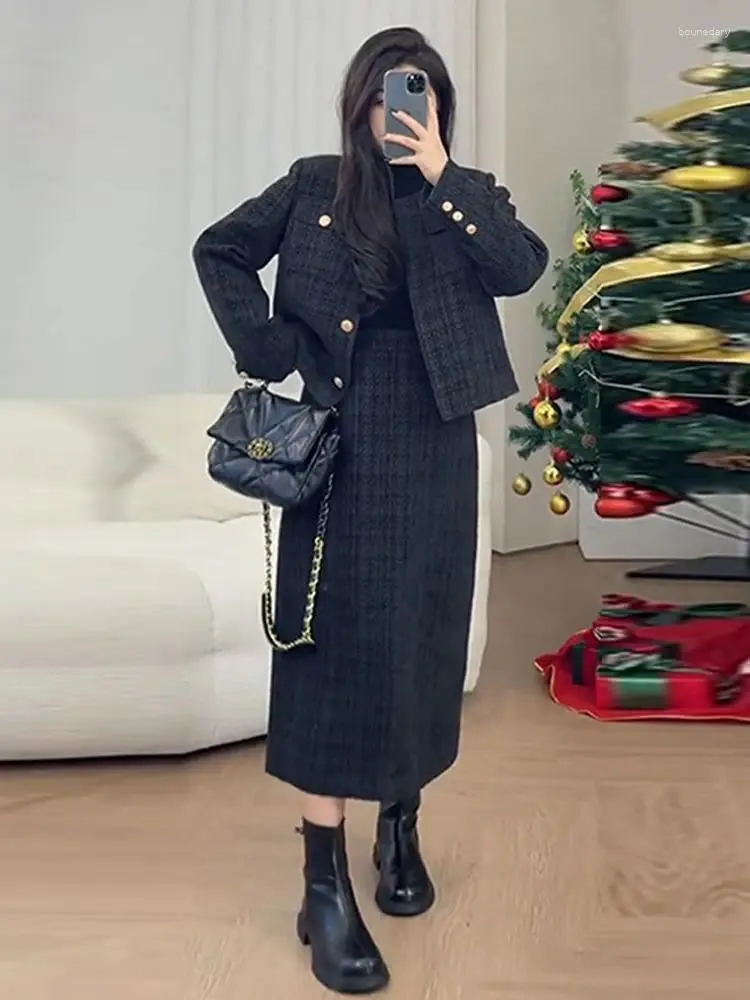 Plus Size Tweed Plaid Two Piece Wool Suit For Women Elegant Jacket
