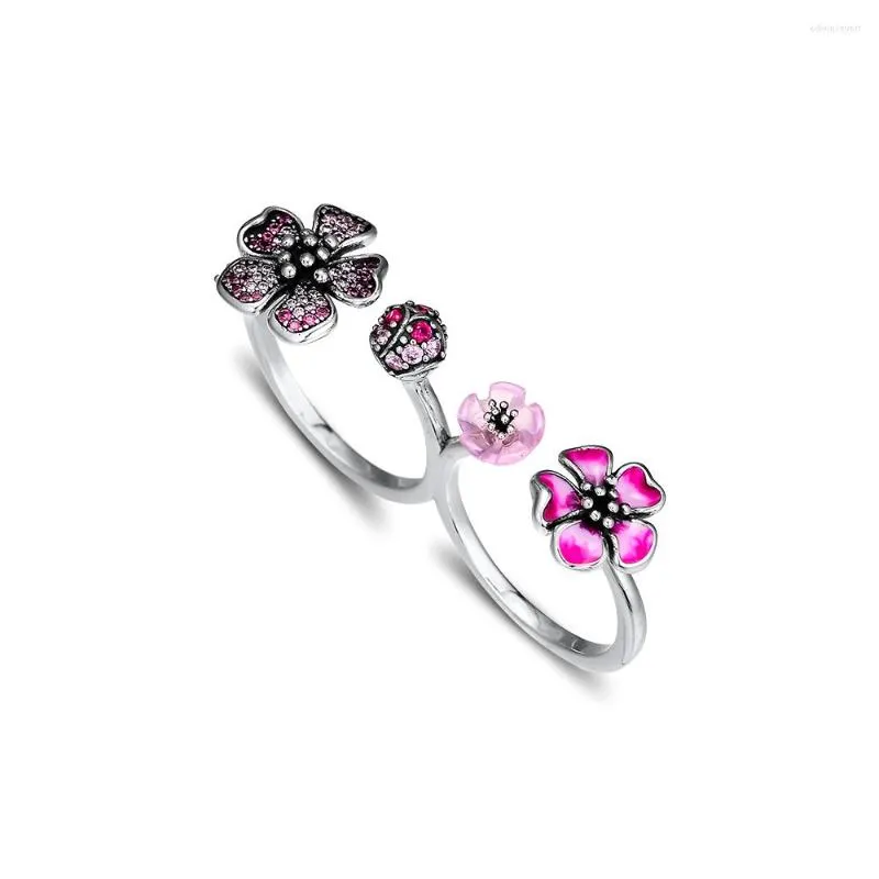 Klusterringar 925 Sterling Silver Ring Peach Blossom Flower passar Två finger för kvinnor Bröllopsfest Anillos Mujer