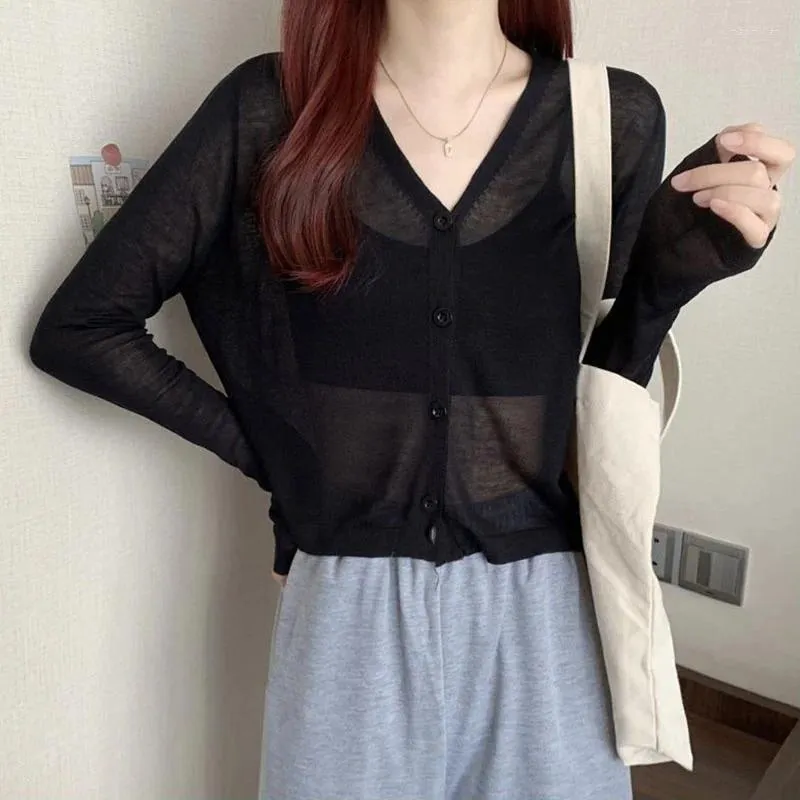 Knity dla kobiet seksowne długie rękawowe jedwabny swetra Koreański guziki czarny w szpic cienkie kardigany dla kobiety 2023 Letnie krem ​​przeciwsłoneczny