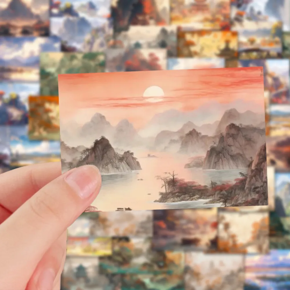 54pcs beautiful Chinese style landscape painting Waterproof PVC Stickers Pack For Fridge Car Suitcase Laptop Notebook Cup Phone Desk Bicycle Skateboard Case.