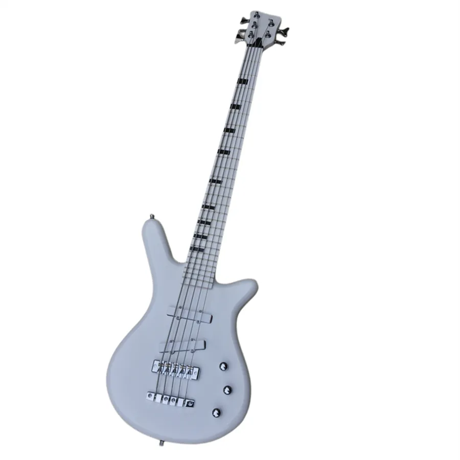 Guitare basse électrique blanche à 5 cordes avec incrustations de blocs noirs Offre Logo/Couleur Personnaliser