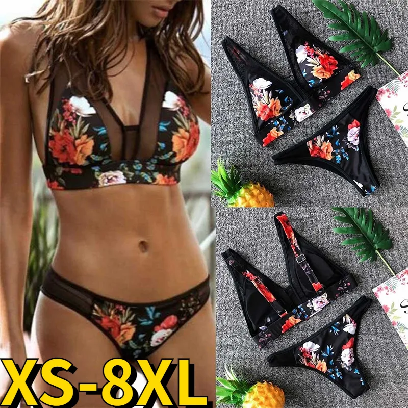 Kvinnors badkläder Kvinnor Summer Tvådelar Set Floral Print Bikini Set Female Sexy Swimsuit Beach Wear Summer Loose Size Bath Suit XS-8XL 230421