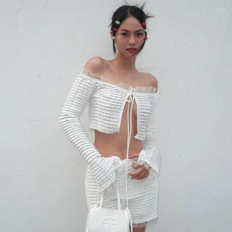 Work Dresses See Through Skirts Suit Womens Two Peice Sets One Shoulder Cropped Cardigan Tops Summer Sexy Outfits Woman White Mini Dress