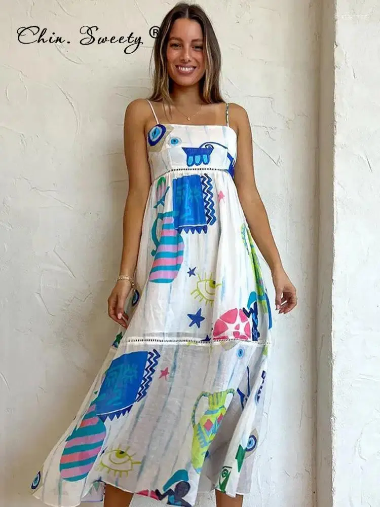 Casual Jurken Elegante Print Kleurrijke Maxi Jurk Vrouwen Hoge Taille Spaghettibandjes Backless Sexy A-lijn Dames Zomer Strandvakantie Gewaad