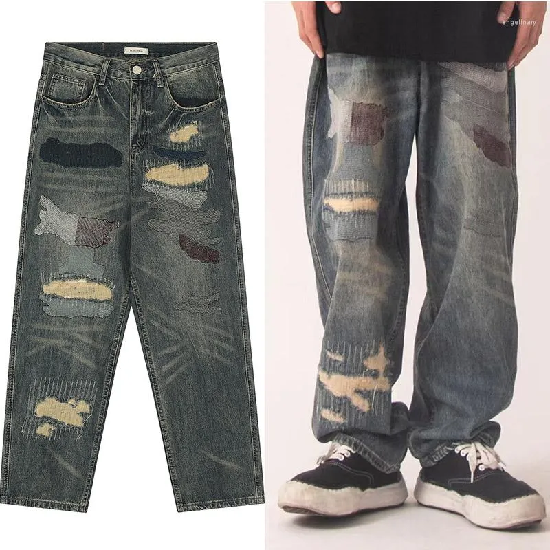 Jeans homme Harajuku Vintage chiffons lâche bleu homme 2K Streetwear gothique Punk surdimensionné Patchwork pantalon droit pour femme Bermudes