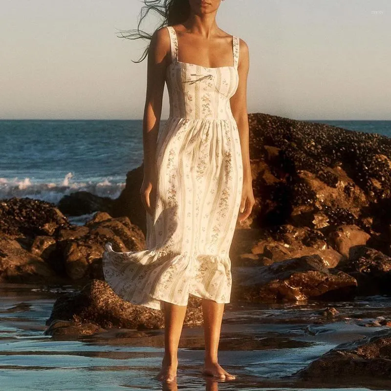 Casual Dresses Boho for Women 2023 Midi Elegant Vintage Chiffon Floral Summer Dress Sleeveless Square Neck Strap Bohemian Beach