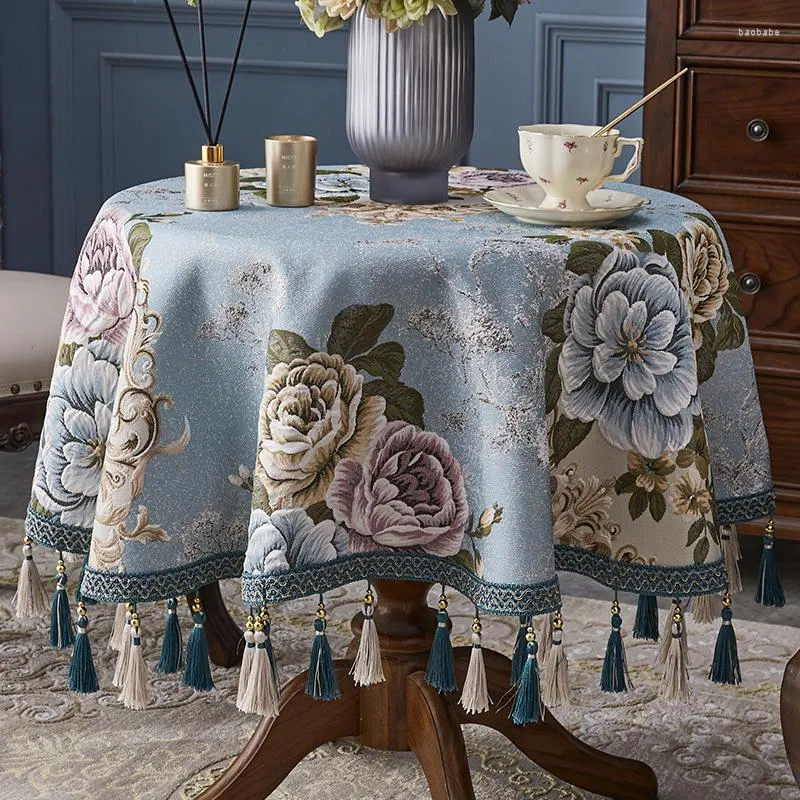 Nappe de Table ronde de luxe de Style européen, couverture de protection, motif floral de haute qualité, avec pompon, décorative