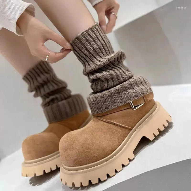 Laarzen Vrouwen Riem Gesp Merk Sneeuw 2023 Winter Grote Ronde Neus Platform Enkel Vrouw Dikke Bodem Faux Suede Katoen schoenen